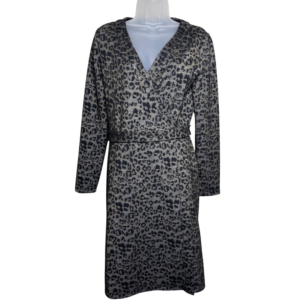 Adrianna Papell Gray Black Leopard Print Belted Vneck Midi Wrap Dress‎ Womens 8